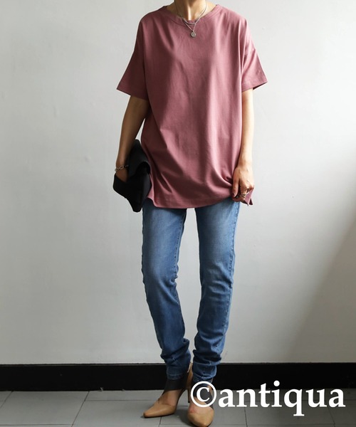 antiqua（アンティカ）の「綿100%バスク生地ベーシックＴシャツ（Tシャツ/カットソー・レディース・ホワイト/ブラック/ネイビー/グレー/カーキ/ライラック/ピンク系その他/ブルー系その他/グリーン系その他/ベージュ系その他/ブラウン系その他/グリーン系その他2/ブルー系その他2/ピンク系その他2/アッシュグレー/ピンク系その他3/ブルー系その他3・M/L/XL）」の15枚目の写真