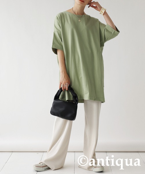 antiqua（アンティカ）の「綿100%バスク生地ベーシックＴシャツ（Tシャツ/カットソー・レディース・ホワイト/ブラック/ネイビー/グレー/カーキ/ライラック/ピンク系その他/ブルー系その他/グリーン系その他/ベージュ系その他/ブラウン系その他/グリーン系その他2/ブルー系その他2/ピンク系その他2/アッシュグレー/ピンク系その他3/ブルー系その他3・M/L/XL）」の9枚目の写真