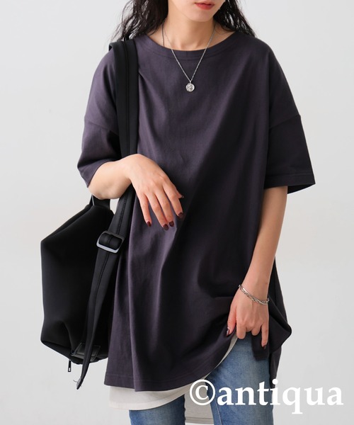 antiqua（アンティカ）の「綿100%バスク生地ベーシックＴシャツ（Tシャツ/カットソー・レディース・ホワイト/ブラック/ネイビー/グレー/カーキ/ライラック/ピンク系その他/ブルー系その他/グリーン系その他/ベージュ系その他/ブラウン系その他/グリーン系その他2/ブルー系その他2/ピンク系その他2/アッシュグレー/ピンク系その他3/ブルー系その他3・M/L/XL）」の3枚目の写真