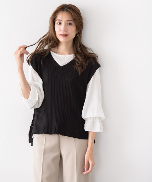 Pierrot(ピエロ)の「サイドレースアップフレンチスリーブニット(ベスト・レディース・ブラック/アイボリー/モカ/グレイッシュベージュ・M)」の17枚目の写真