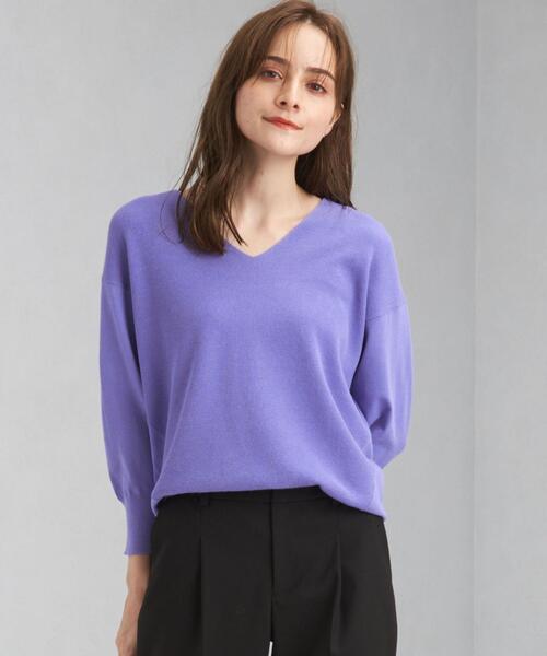 green label relaxing（グリーンレーベルリラクシング）の「カタアゼ × テンジク Vネック プルオーバー ニット -ウォッシャブル-（ニット/セーター・レディース・ネイビー/オフホワイト/オレンジ/パープル・FREE）」の3枚目の写真