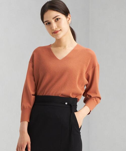 green label relaxing（グリーンレーベルリラクシング）の「カタアゼ × テンジク Vネック プルオーバー ニット -ウォッシャブル-（ニット/セーター・レディース・ネイビー/オフホワイト/オレンジ/パープル・FREE）」の4枚目の写真