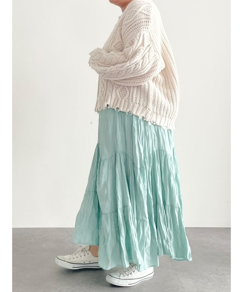 SLURR（スラ―）の「【大きいサイズ】ダメージケーブルショート丈ニット（ニット/セーター・レディース・ライトブルー/オフホワイト/ラベンダー・L）」の10枚目の写真