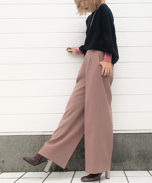 Q（キュー）の「ストレッチセミワイドパンツ（その他パンツ・レディース・ブラック/キャメル・MEDIUM）」の7枚目の写真