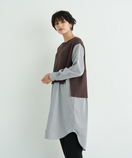 ストライプロングシャツレイヤードニット