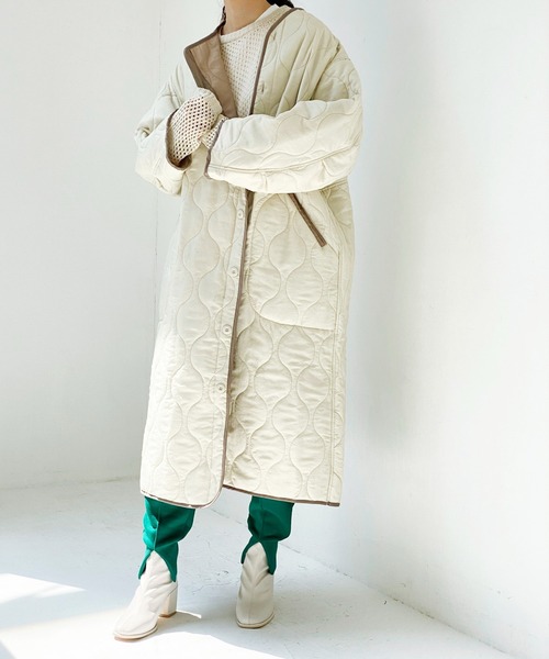 ottilie（オティーリエ）の「ロングキルトコート（ミリタリージャケット・レディース・カーキ/ブラック/アイボリー・FREE）」の4枚目の写真