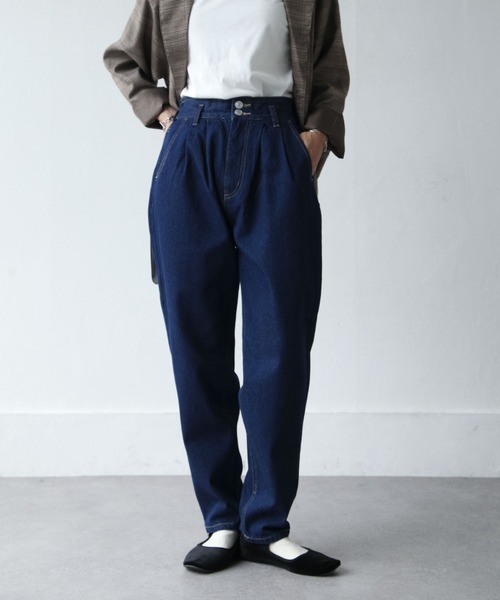 Chillfar（チルファー）の「ハイウエストギャザーパンツ（デニムパンツ・レディース・ブラック/ブラウン/サックスブルー/アイボリー/ダークブルー/グレイッシュベージュ/チャコール・MEDIUM/LARGE）」の9枚目の写真