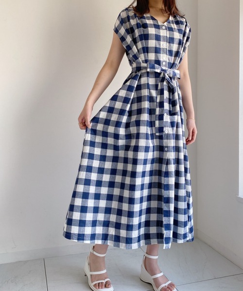 everycoco（エブリーココ）の「ウエストリボンフレンチスリーブワンピース◇（ワンピース・レディース・ベージュ/ネイビー/ミント/その他1・FREE）」の4枚目の写真