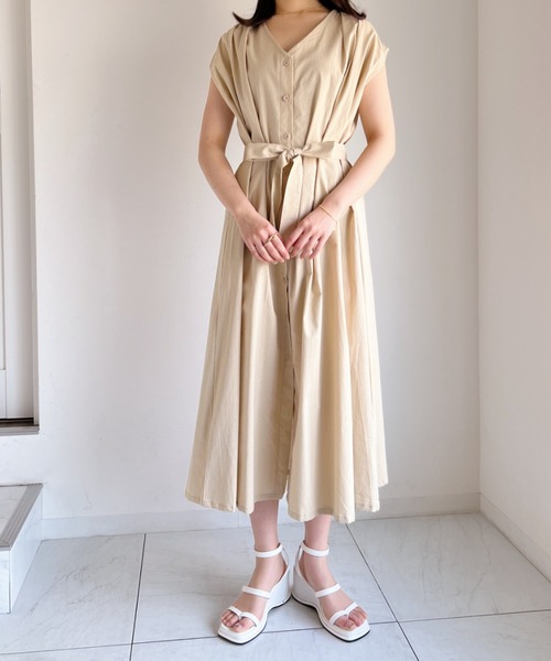 everycoco（エブリーココ）の「ウエストリボンフレンチスリーブワンピース◇（ワンピース・レディース・ベージュ/ネイビー/ミント/その他1・FREE）」の2枚目の写真