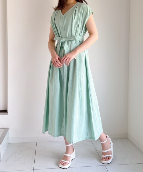 everycoco（エブリーココ）の「ウエストリボンフレンチスリーブワンピース◇（ワンピース・レディース・ベージュ/ネイビー/ミント/その他1・FREE）」の3枚目の写真