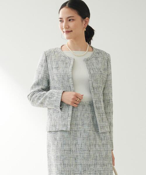 green label relaxing(グリーンレーベルリラクシング)の「リオペル ツイード ノーカラー ジャケット(ノーカラージャケット・レディース・ベージュ/ネイビー/オフホワイト・44/46/40/38/42/36/34)」の2枚目の写真