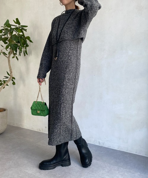 DouDou(ドゥドゥ)の「【WEB限定】ショート丈プルオーバー+リブニットワンピース(セットアップ・レディース・チャコールグレー/ベージュ・FREE)」の2枚目の写真