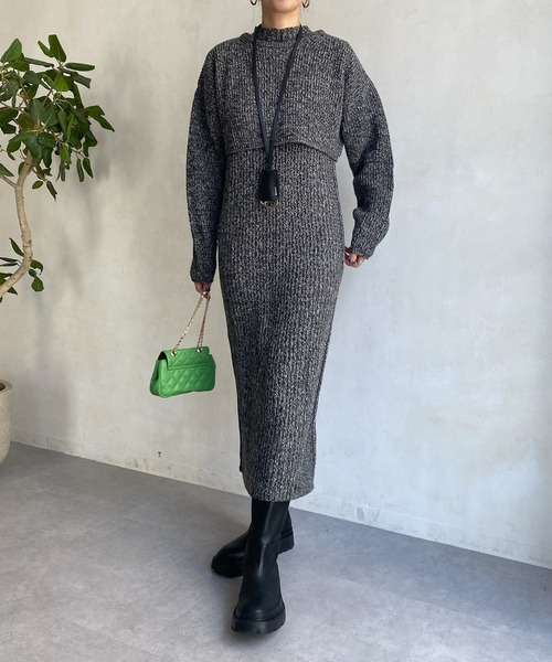 DouDou(ドゥドゥ)の「【WEB限定】ショート丈プルオーバー+リブニットワンピース(セットアップ・レディース・チャコールグレー/ベージュ・FREE)」の3枚目の写真