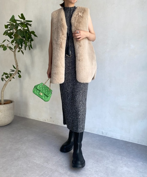DouDou(ドゥドゥ)の「【WEB限定】ショート丈プルオーバー+リブニットワンピース(セットアップ・レディース・チャコールグレー/ベージュ・FREE)」の6枚目の写真