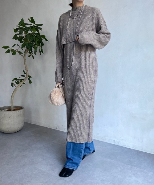 DouDou(ドゥドゥ)の「【WEB限定】ショート丈プルオーバー+リブニットワンピース(セットアップ・レディース・チャコールグレー/ベージュ・FREE)」の12枚目の写真
