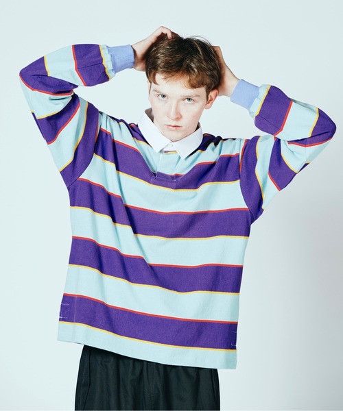 SUNNY SPORTS(サニースポーツ)の「SUNNY SPORTS/サニースポーツ BORDER LAGER SHIRTS ボーダーラガーシャツ(ポロシャツ・メンズ・グリーン/パープル・MEDIUM/LARGE)」の1枚目の写真