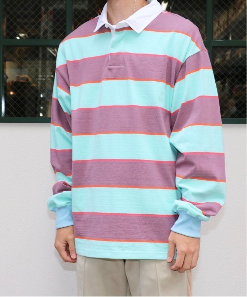 SUNNY SPORTS(サニースポーツ)の「SUNNY SPORTS/サニースポーツ BORDER LAGER SHIRTS ボーダーラガーシャツ(ポロシャツ・メンズ・グリーン/パープル・MEDIUM/LARGE)」の4枚目の写真