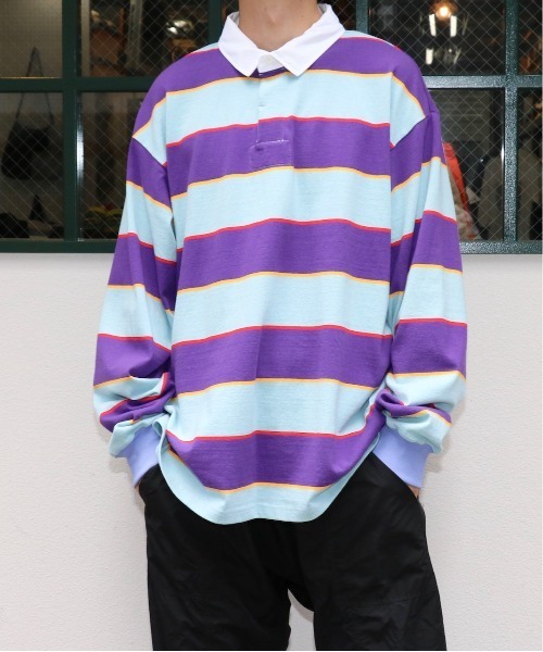SUNNY SPORTS(サニースポーツ)の「SUNNY SPORTS/サニースポーツ BORDER LAGER SHIRTS ボーダーラガーシャツ(ポロシャツ・メンズ・グリーン/パープル・MEDIUM/LARGE)」の12枚目の写真