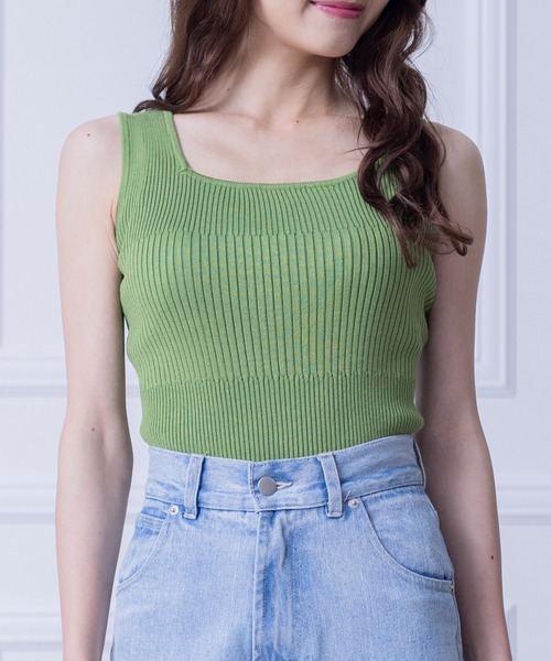 clear(クリア)の「編地切り替えリブノースリニットトップス(タンクトップ・レディース・ピンク/オフホワイト/ブルー/ベージュ/ブラック/グリーン/ブラウン・F)」の1枚目の写真