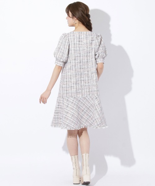 未使用品　And Couture ツイードフリンジ5分袖ミニワンピース セール 60%OFF】ツイードフリンジ5分袖ミニワンピース(505166828
