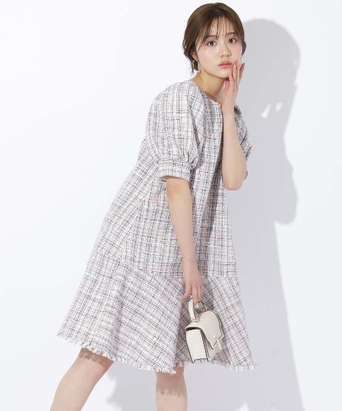 【セール】ツイードフリンジ5分袖ミニワンピース（ワンピース）｜And Couture（アンドクチュール）