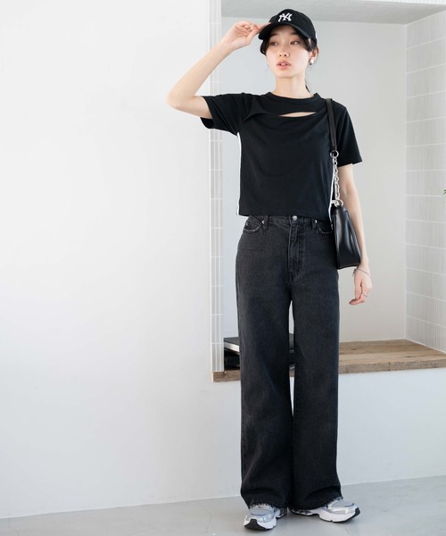 WEGO（ウィゴー）の「WEGO/カットアウトデザインラインT（Tシャツ/カットソー・レディース・ホワイト/ブラック・FREE）」の4枚目の写真