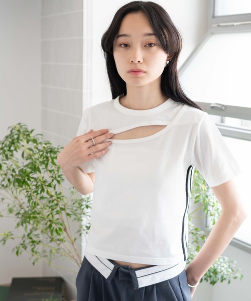 WEGO（ウィゴー）の「WEGO/カットアウトデザインラインT（Tシャツ/カットソー・レディース・ホワイト/ブラック・FREE）」の9枚目の写真