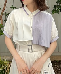 プリーツ使バイカラー半袖ブラウス