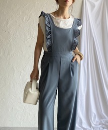 肩フリルショルダーハイウエストロング丈ストレートオールインワンサロペットパンツ