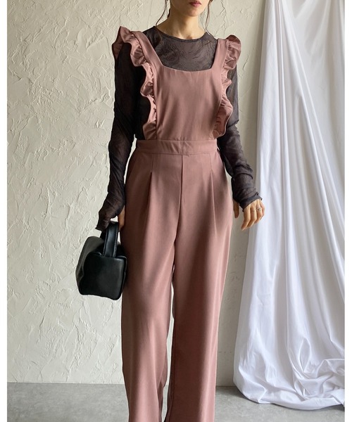 She's Closet(シーズクローゼット)の「肩フリルショルダーハイウエストロング丈ストレートオールインワンサロペットパンツ(サロペット/オーバーオール・レディース・ブラック/ダークパープル/ブルー・FREE)」の17枚目の写真