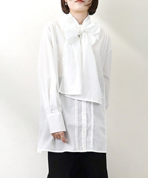 STYLEBLOCK(スタイルブロック)の「ブロードボウタイブラウス(シャツ/ブラウス・レディース・ブラック/ブルー系その他/ホワイト・M)」の2枚目の写真