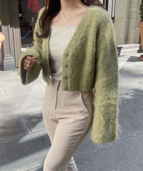 Ambre Ciel（アンブルシエル）の「クロップドシャギーニットカーディガン／【WEB/EC限定商品】（カーディガン/ボレロ・レディース・ライトグリーン/オフホワイト/チャコールグレー・FREE）」の2枚目の写真