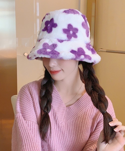 LAC-VERT（ラック・ヴェール）の「フラワー柄 フェイクファー ボリューミーバケットハット（ハット・レディース・グリーン/パープル/ブラック/オレンジ・FREE）」の22枚目の写真