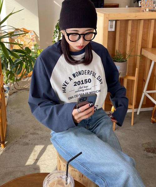 Chillfar（チルファー）の「ラグランプリントロゴロンT（Tシャツ/カットソー・レディース・ホワイト×ネイビー/オートミール/イエロー系/杢グレー・FREE）」の2枚目の写真