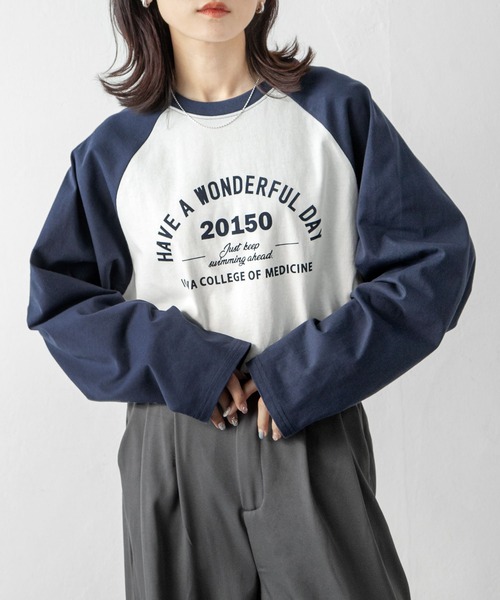 Chillfar（チルファー）の「ラグランプリントロゴロンT（Tシャツ/カットソー・レディース・ホワイト×ネイビー/オートミール/イエロー系/杢グレー・FREE）」の12枚目の写真