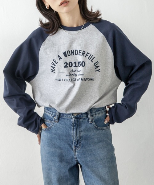 Chillfar（チルファー）の「ラグランプリントロゴロンT（Tシャツ/カットソー・レディース・ホワイト×ネイビー/オートミール/イエロー系/杢グレー・FREE）」の8枚目の写真