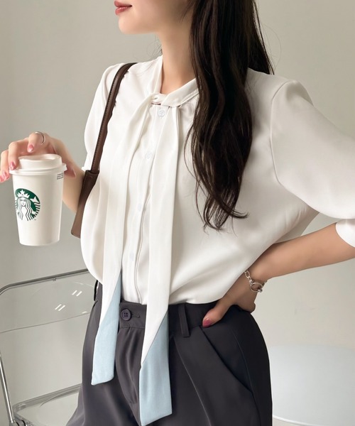 Miniministore(ミニミニストア)の「ネクタイブラウス レディース ブラウス夏服半袖半袖(シャツ/ブラウス・レディース・ライトブルー/ホワイト・L/XL/M)」の15枚目の写真