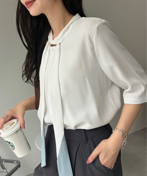 Miniministore(ミニミニストア)の「ネクタイブラウス レディース ブラウス夏服半袖半袖(シャツ/ブラウス・レディース・ライトブルー/ホワイト・L/XL/M)」の16枚目の写真