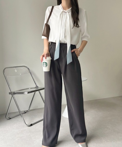 Miniministore(ミニミニストア)の「ネクタイブラウス レディース ブラウス夏服半袖半袖(シャツ/ブラウス・レディース・ライトブルー/ホワイト・L/XL/M)」の18枚目の写真