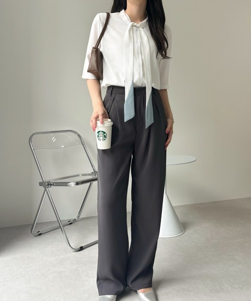 Miniministore(ミニミニストア)の「ネクタイブラウス レディース ブラウス夏服半袖半袖(シャツ/ブラウス・レディース・ライトブルー/ホワイト・L/XL/M)」の19枚目の写真