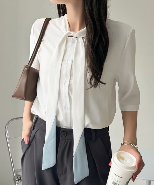 Miniministore(ミニミニストア)の「ネクタイブラウス レディース ブラウス夏服半袖半袖(シャツ/ブラウス・レディース・ライトブルー/ホワイト・L/XL/M)」の20枚目の写真