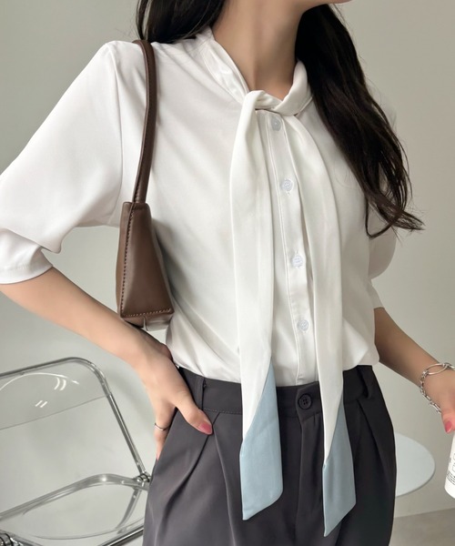 Miniministore(ミニミニストア)の「ネクタイブラウス レディース ブラウス夏服半袖半袖(シャツ/ブラウス・レディース・ライトブルー/ホワイト・L/XL/M)」の21枚目の写真
