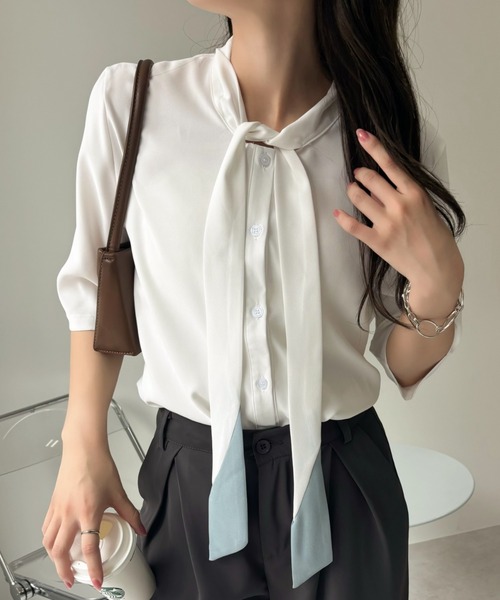 Miniministore(ミニミニストア)の「ネクタイブラウス レディース ブラウス夏服半袖半袖(シャツ/ブラウス・レディース・ライトブルー/ホワイト・L/XL/M)」の22枚目の写真