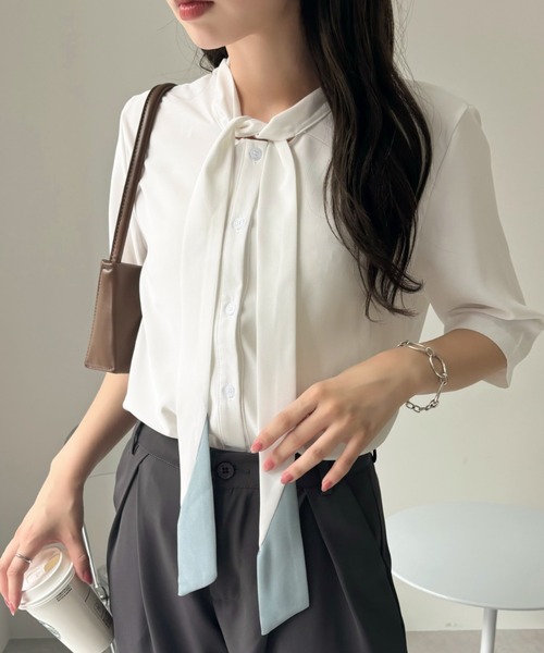 Miniministore(ミニミニストア)の「ネクタイブラウス レディース ブラウス夏服半袖半袖(シャツ/ブラウス・レディース・ライトブルー/ホワイト・L/XL/M)」の14枚目の写真
