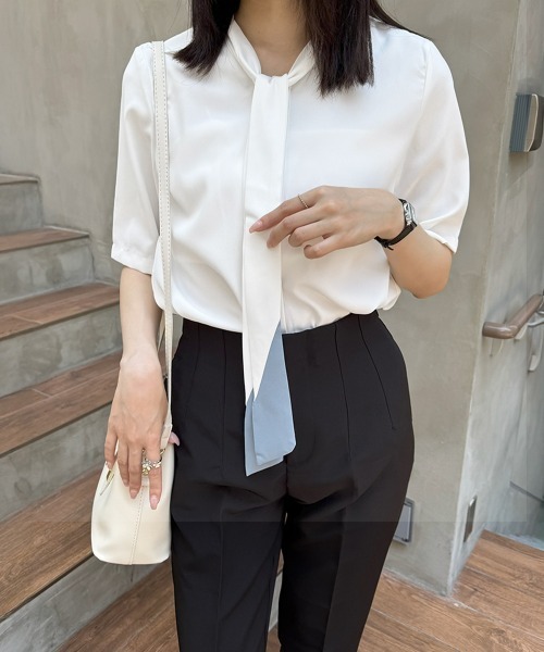 Miniministore(ミニミニストア)の「ネクタイブラウス レディース ブラウス夏服半袖半袖(シャツ/ブラウス・レディース・ライトブルー/ホワイト・L/XL/M)」の3枚目の写真