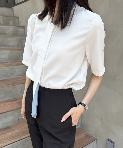 Miniministore(ミニミニストア)の「ネクタイブラウス レディース ブラウス夏服半袖半袖(シャツ/ブラウス・レディース・ライトブルー/ホワイト・L/XL/M)」の4枚目の写真