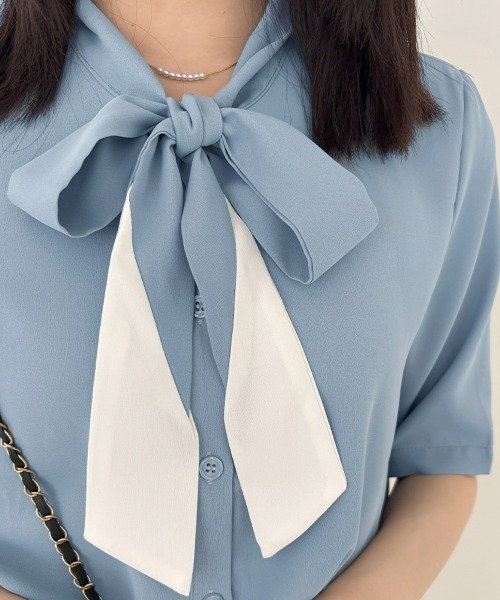 Miniministore(ミニミニストア)の「ネクタイブラウス レディース ブラウス夏服半袖半袖(シャツ/ブラウス・レディース・ライトブルー/ホワイト・L/XL/M)」の9枚目の写真