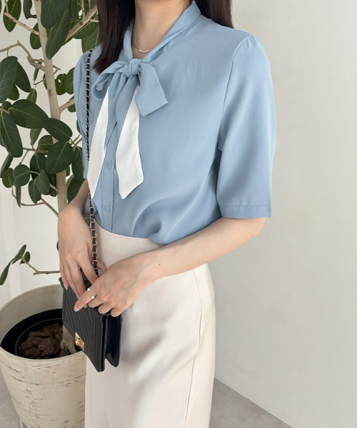 Miniministore(ミニミニストア)の「ネクタイブラウス レディース ブラウス夏服半袖半袖(シャツ/ブラウス・レディース・ライトブルー/ホワイト・L/XL/M)」の10枚目の写真