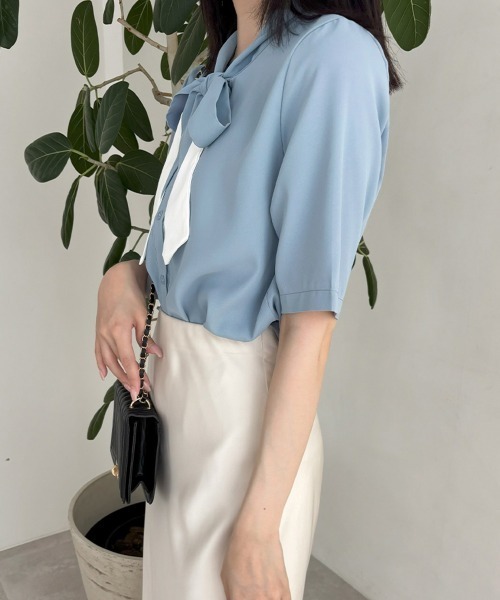 Miniministore(ミニミニストア)の「ネクタイブラウス レディース ブラウス夏服半袖半袖(シャツ/ブラウス・レディース・ライトブルー/ホワイト・L/XL/M)」の11枚目の写真