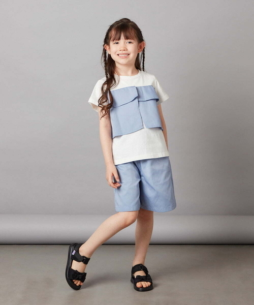 a.v.v（アーヴェヴェ）の「[100-130]【2点セット】フリルトップス&ショートパンツセットアップ（その他トップス・キッズ・ダークインディゴブルー/ベージュ・120/100/130/110）」の2枚目の写真